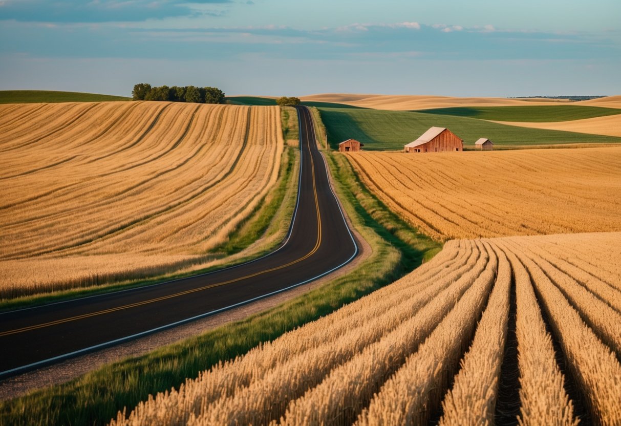 Rolling hills and open roads stretch across the American Heartland, passing through fields of golden wheat and rustic farmhouses