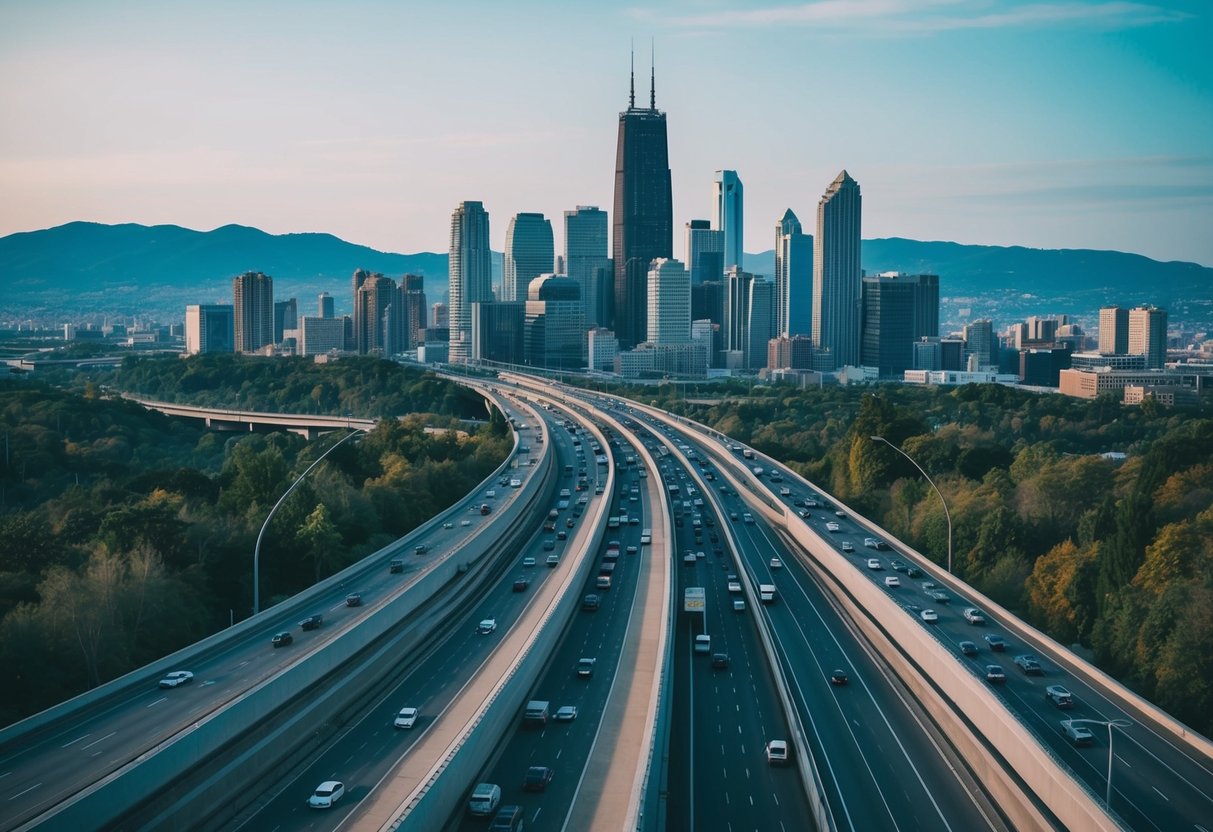 A bustling city skyline with highways leading out in different directions, surrounded by nature and mountains in the distance