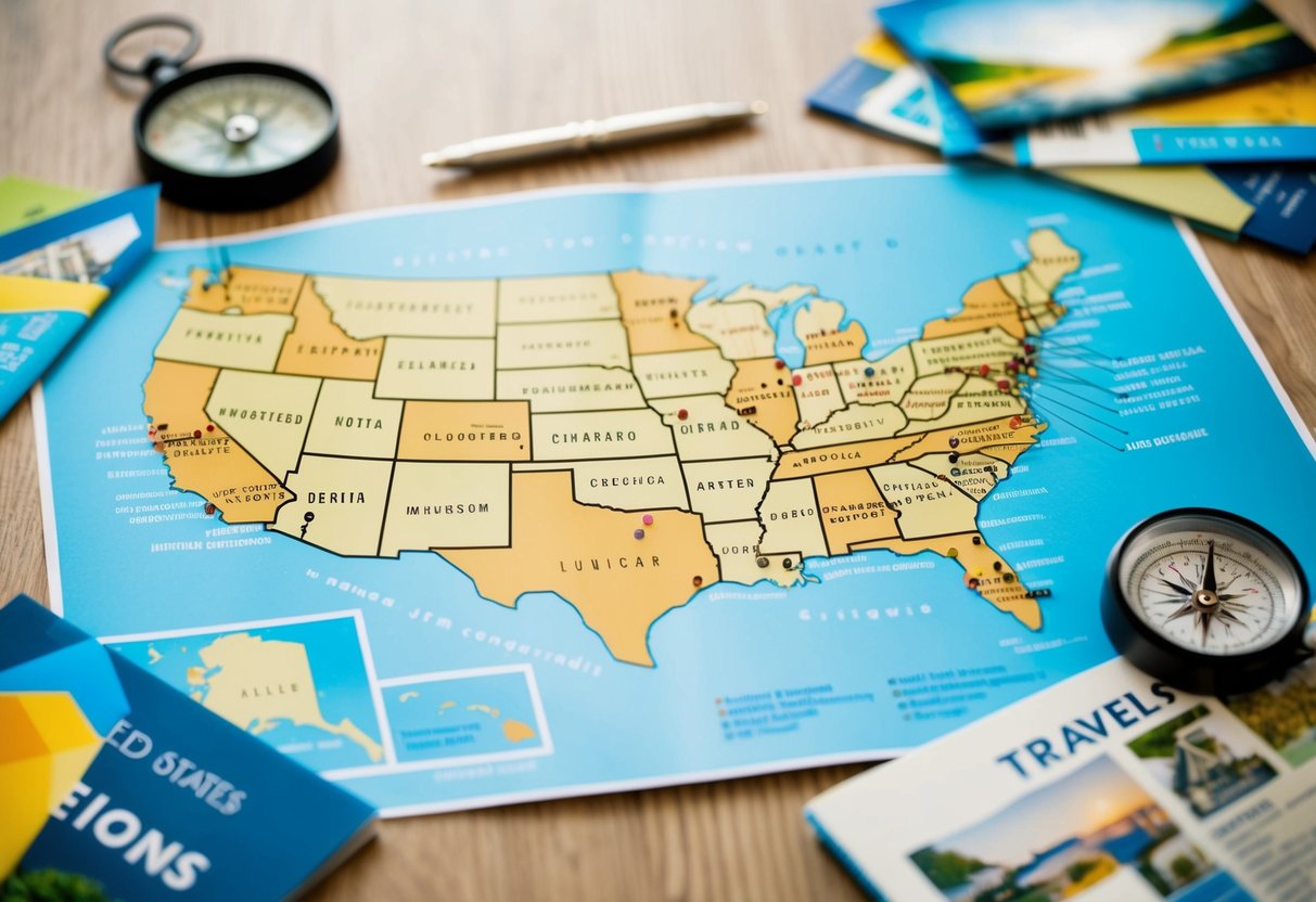 A map of the United States with dotted lines leading from major cities to various destinations, surrounded by travel brochures and a compass