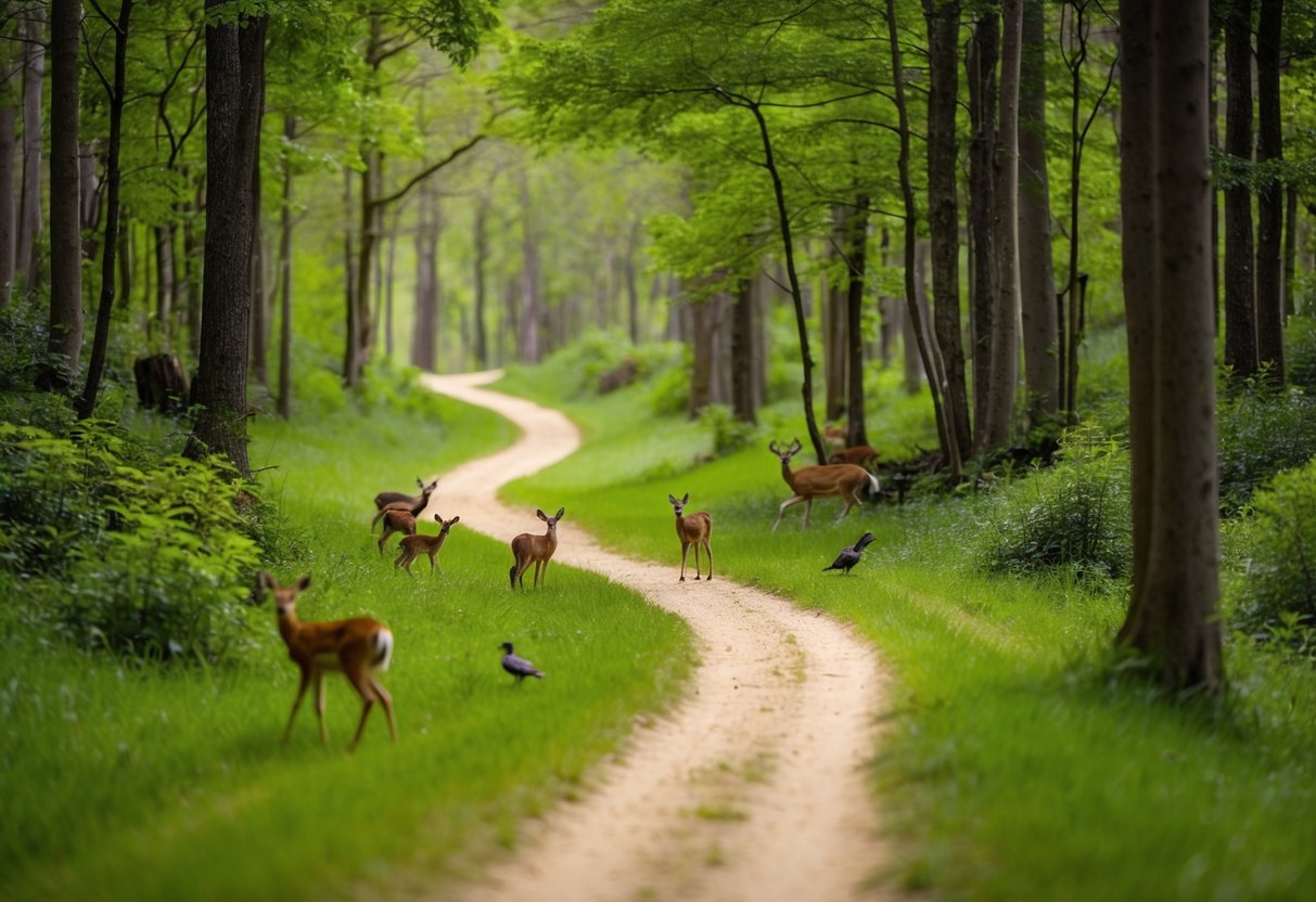 A lush forest with a winding trail, where a variety of wildlife can be seen including deer, birds, and small mammals