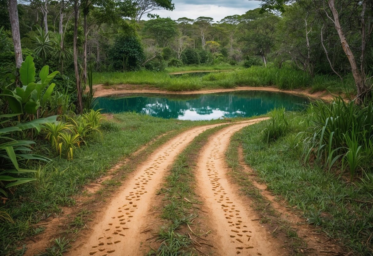 A winding forest path with diverse animal tracks leading to a tranquil watering hole surrounded by lush vegetation and diverse wildlife