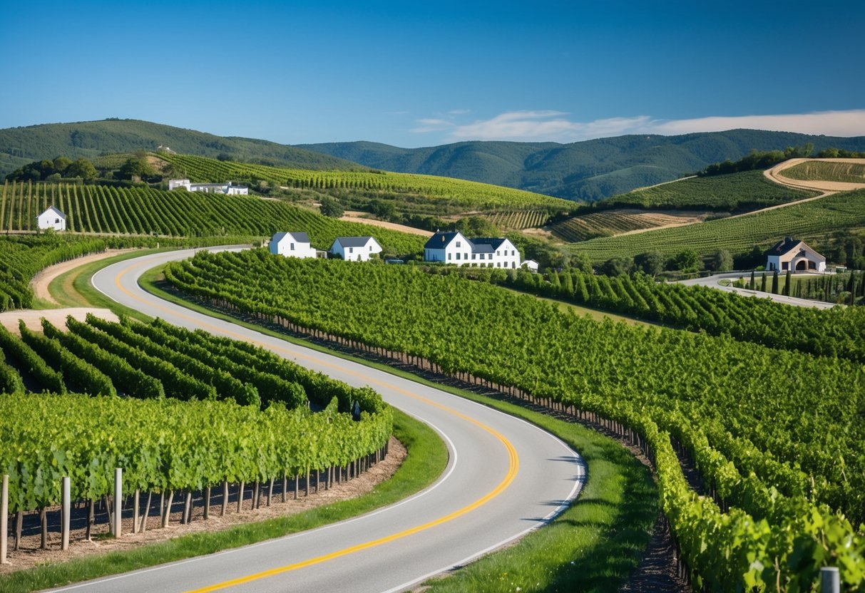 A winding road through lush vineyards, with rolling hills and quaint wineries, under a clear blue sky