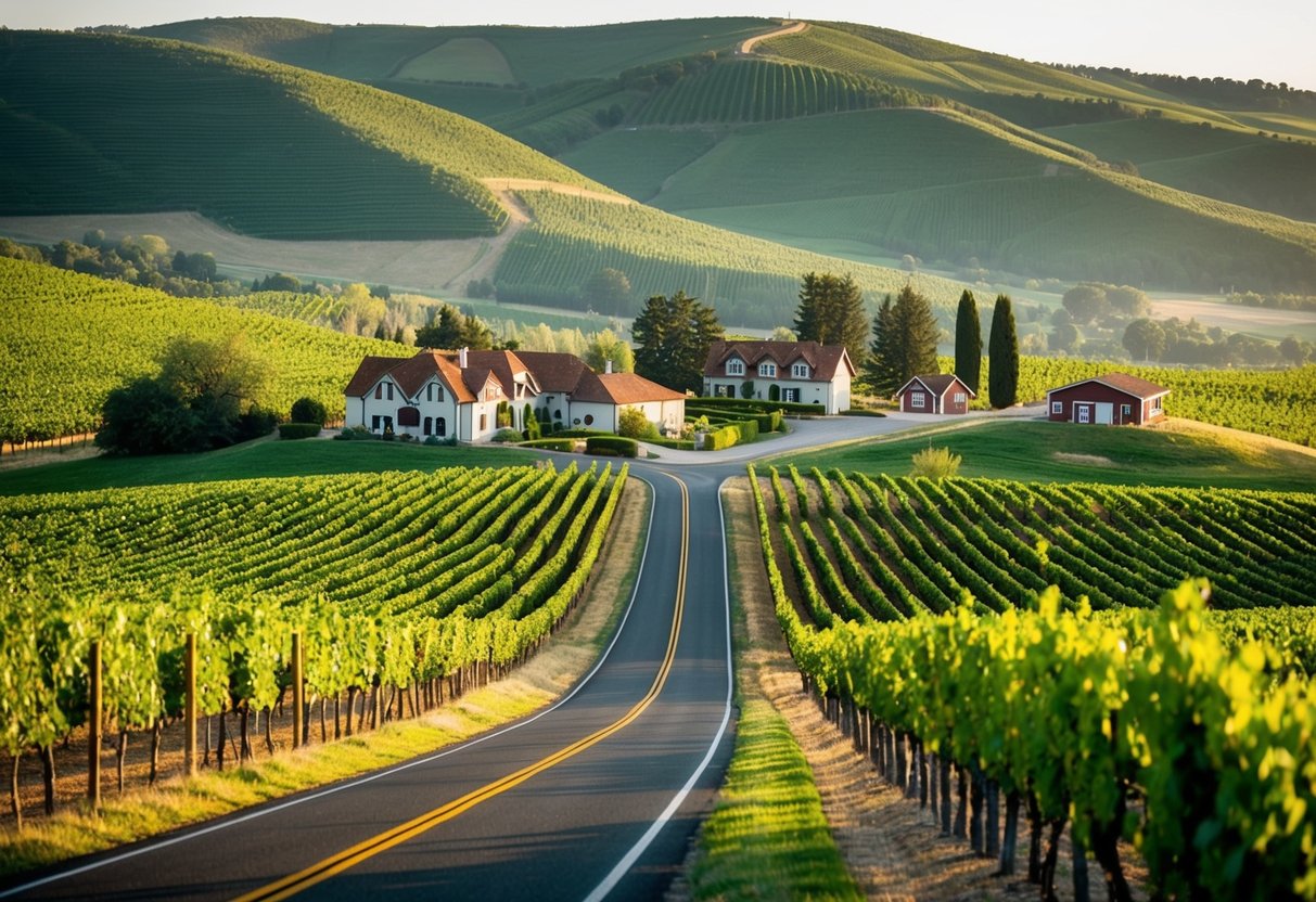 A winding road through lush vineyards with rolling hills and quaint wineries nestled in the countryside