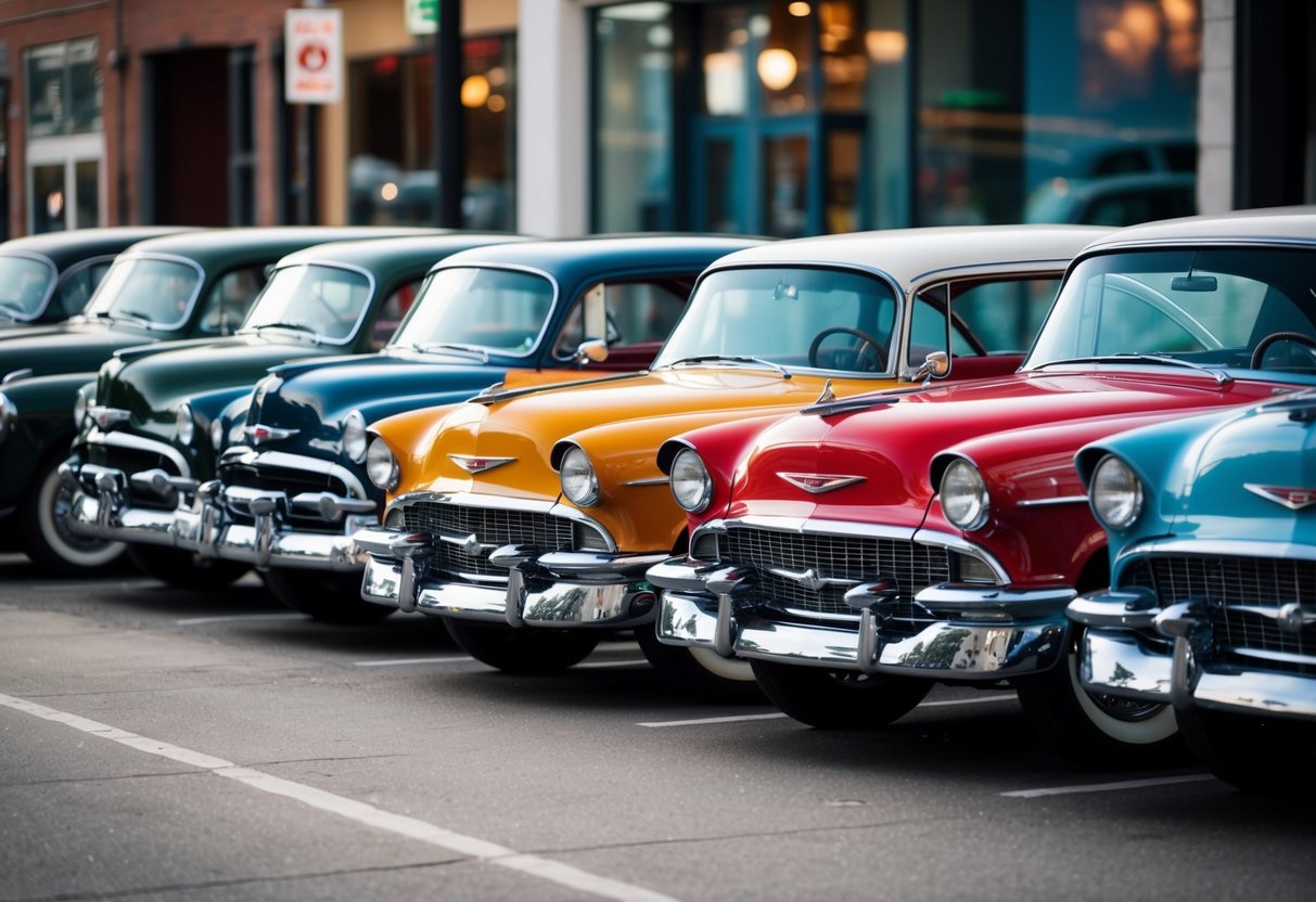 A row of iconic American cars from the 1950s parked in a downtown street, with vibrant colors and sleek, curved designs