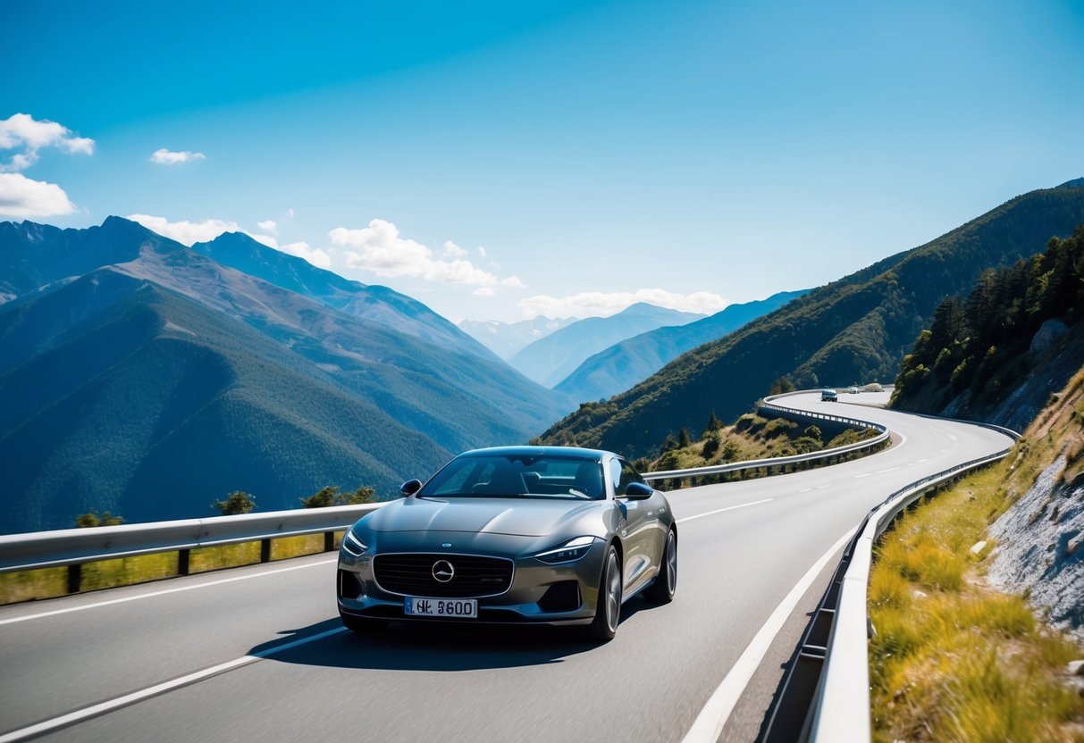 A winding road through scenic mountains, with a sleek car cruising along under a bright blue sky