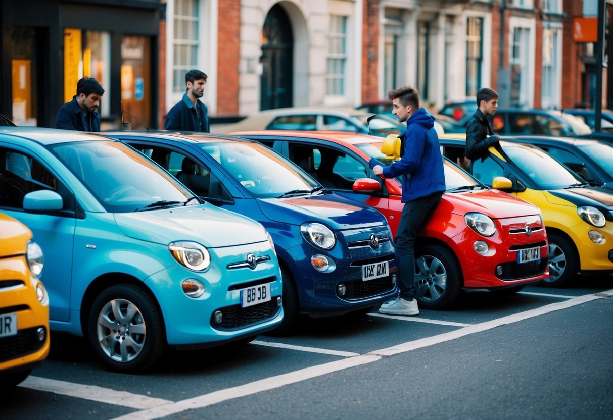 A row of colorful compact cars parked on a city street, with young drivers getting in and out