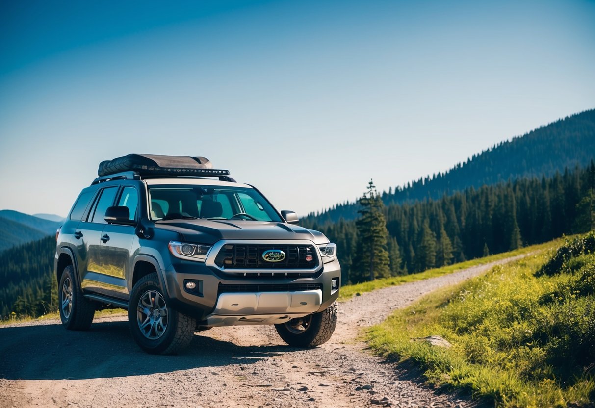 A rugged SUV parked at the edge of a mountain trail, surrounded by lush forests and a clear blue sky, ready for a new adventure