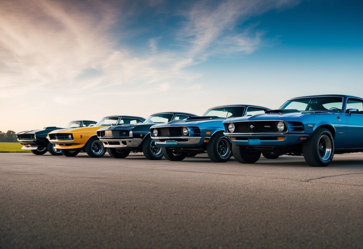 A lineup of iconic American muscle cars from different eras, showcasing their evolution in design and power