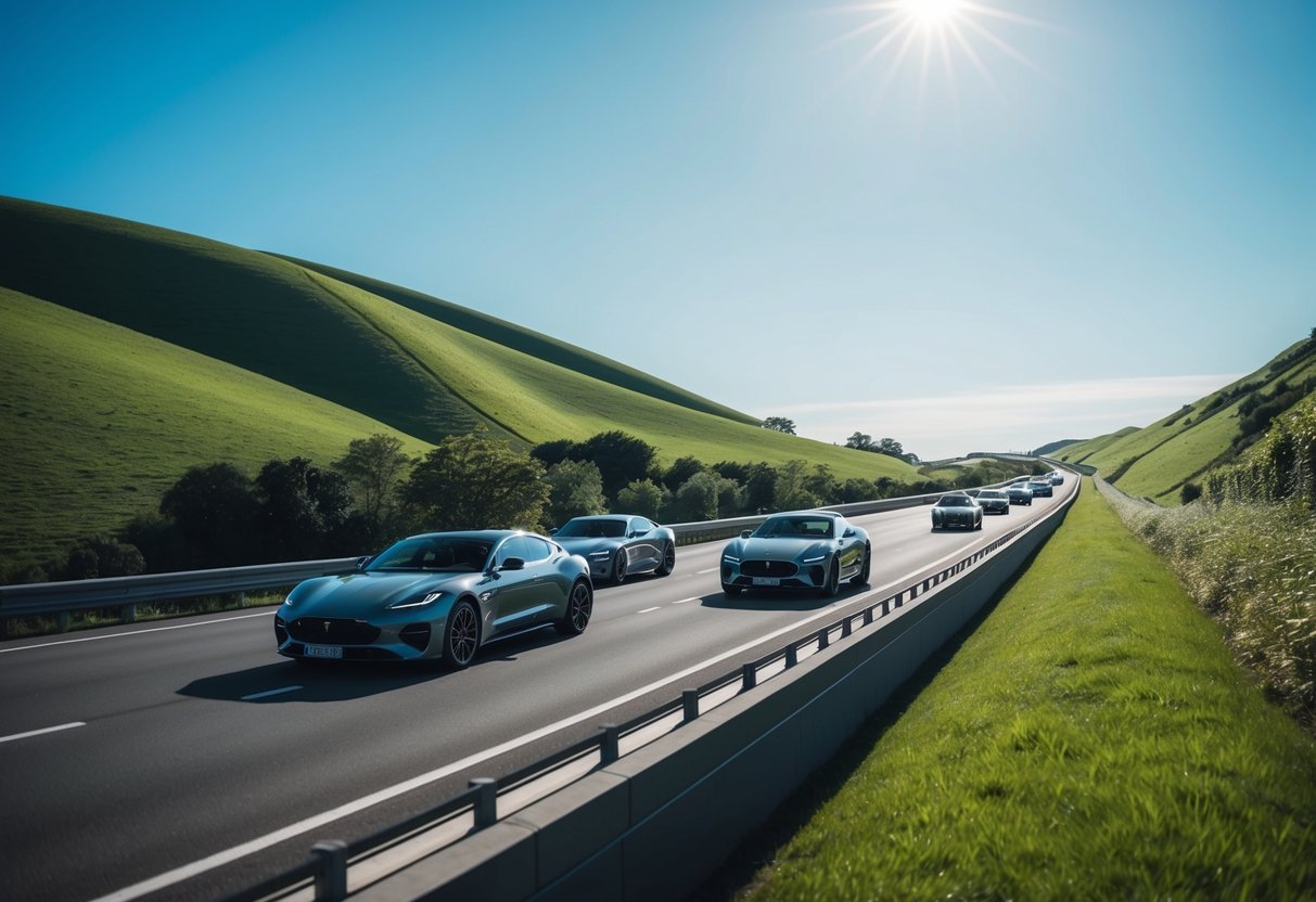 A scenic highway with sleek, modern cars cruising under a clear blue sky, surrounded by rolling hills and lush greenery