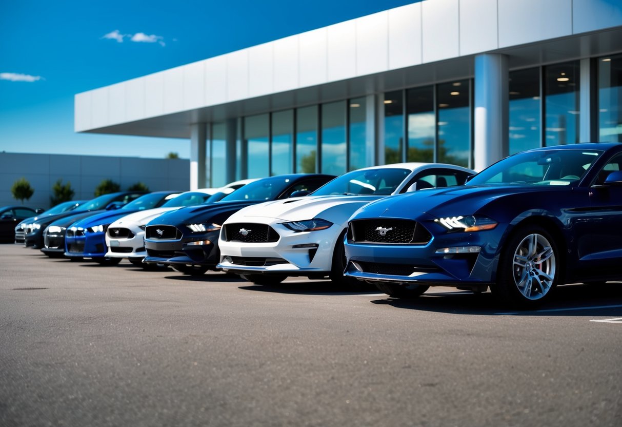 A lineup of iconic American cars parked in front of a modern dealership showroom, with a clear blue sky in the background