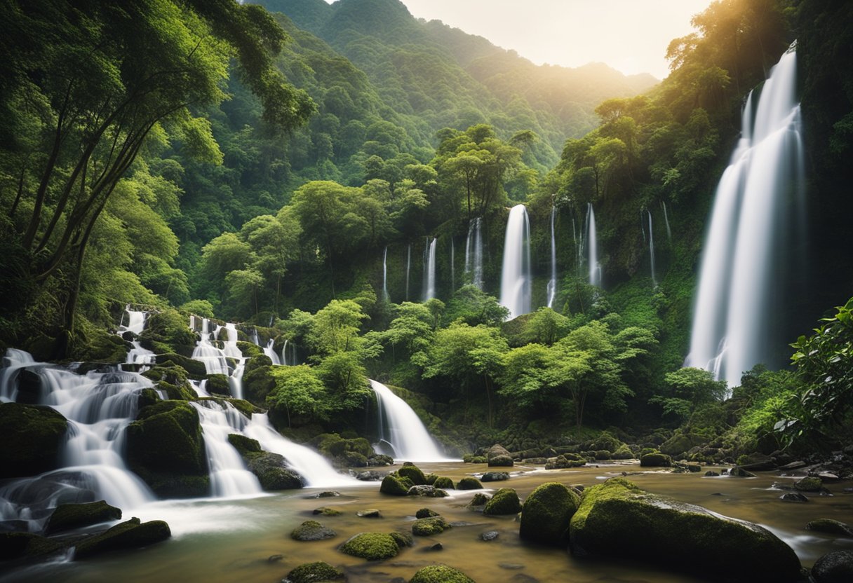 Uma selva exuberante com ruínas antigas aninhadas entre montanhas imponentes e cachoeiras deslumbrantes, criando uma cena de beleza natural e importância histórica na América do Sul.