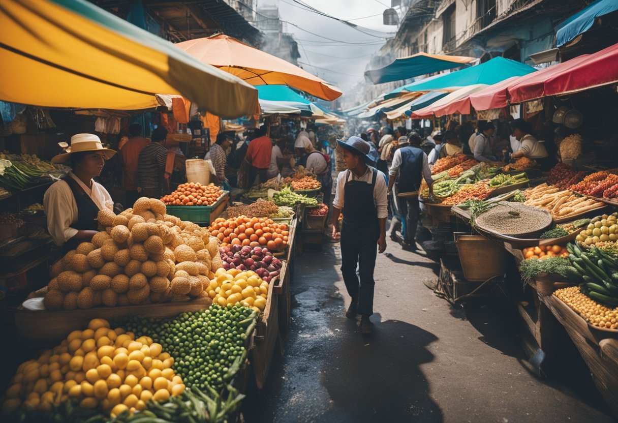 Um mercado movimentado na América do Sul com barracas de comida coloridas, música tradicional e exibições culturais vibrantes