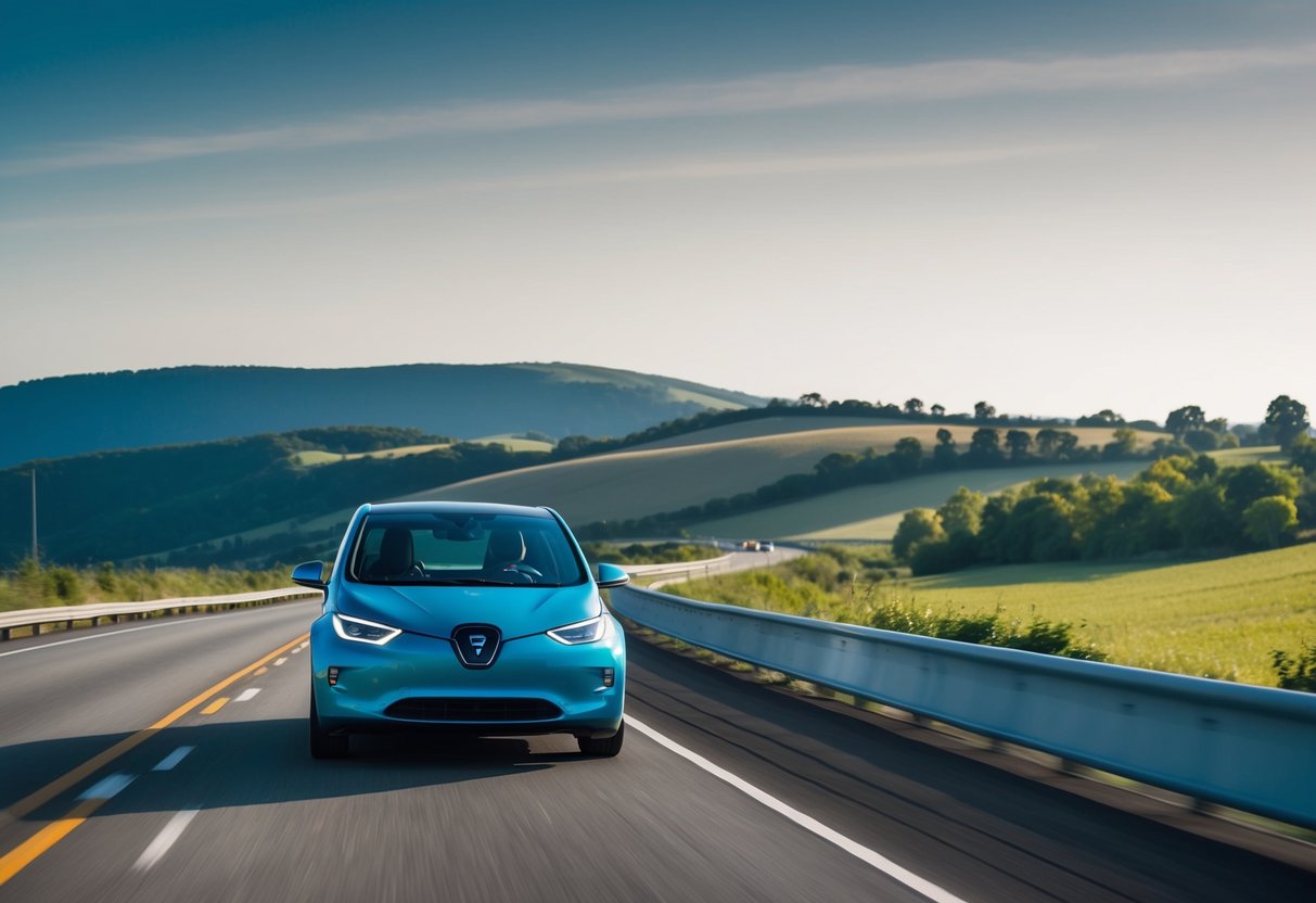 An electric car cruising along a scenic highway, passing by rolling hills and lush countryside, with a clear blue sky overhead