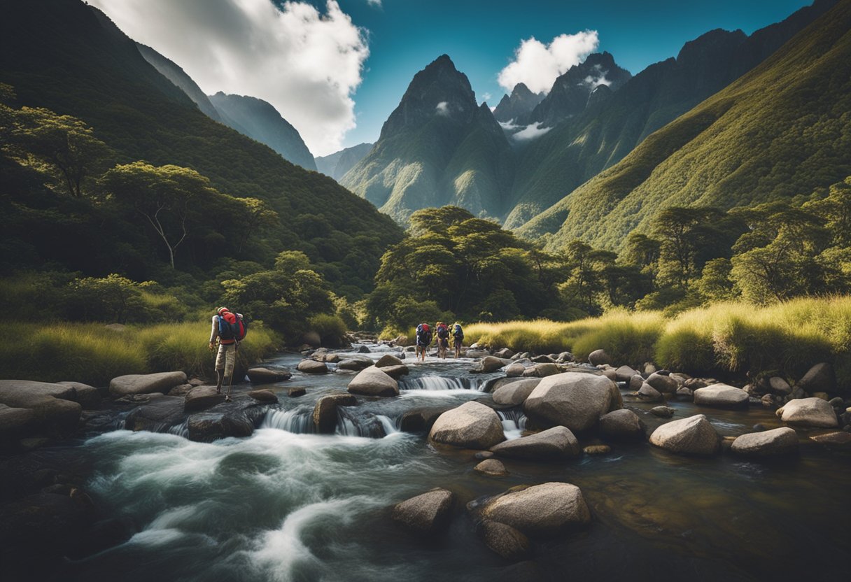 Um grupo de viajantes aventureiros explora paisagens sul-americanas, incluindo montanhas, florestas e cachoeiras, participando de vários esportes e atividades ao ar livre.