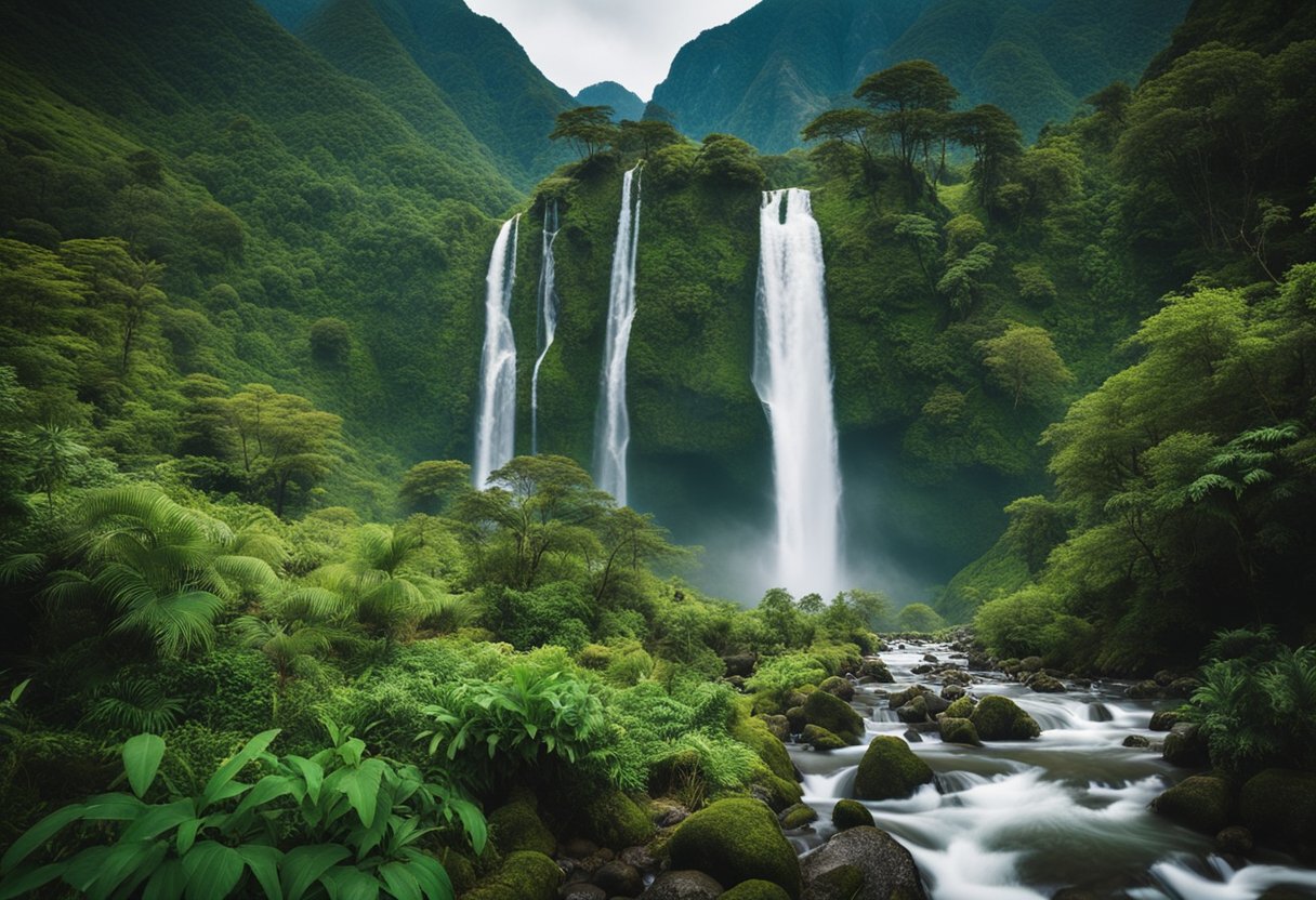 Uma paisagem sul-americana exuberante e vibrante, com montanhas imponentes, cachoeiras deslumbrantes e uma fauna diversificada.