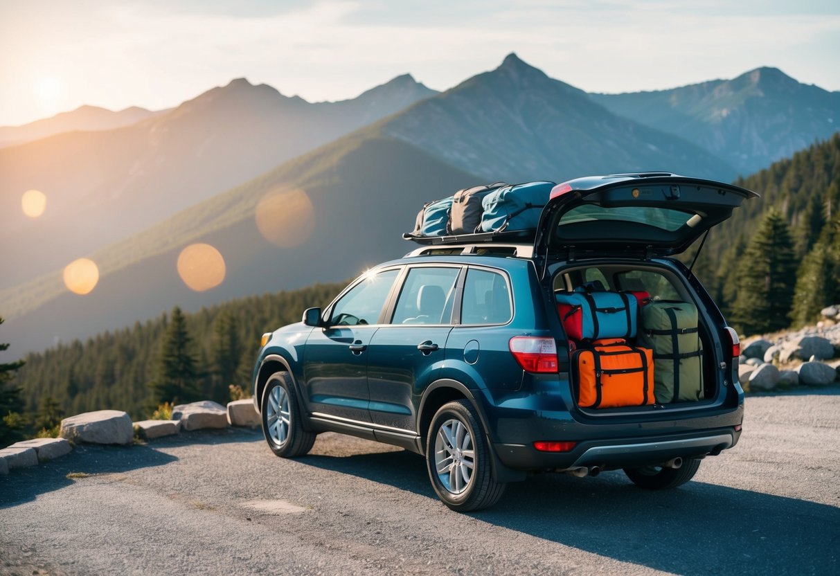 A family SUV parked on a scenic mountain overlook, with luggage and camping gear packed inside, ready for a road trip adventure