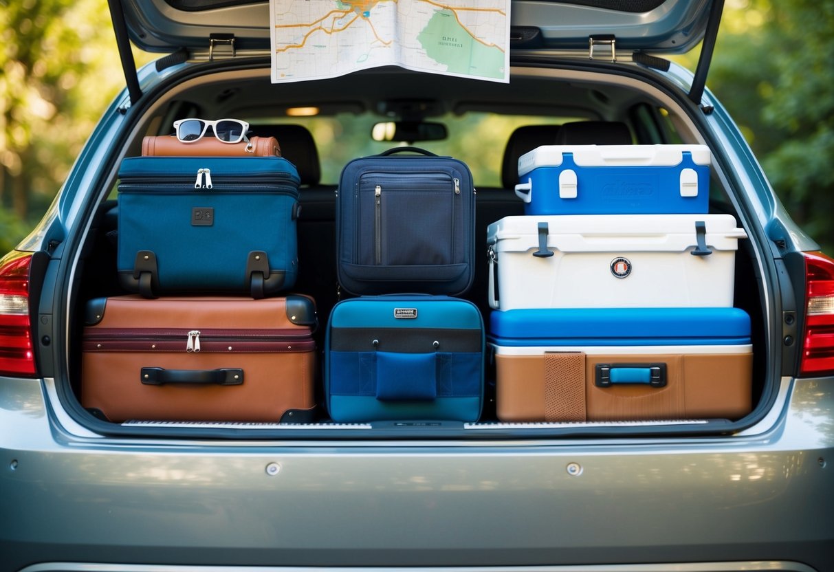 A car trunk filled with neatly organized suitcases, bags, and a cooler, with a map and sunglasses on top