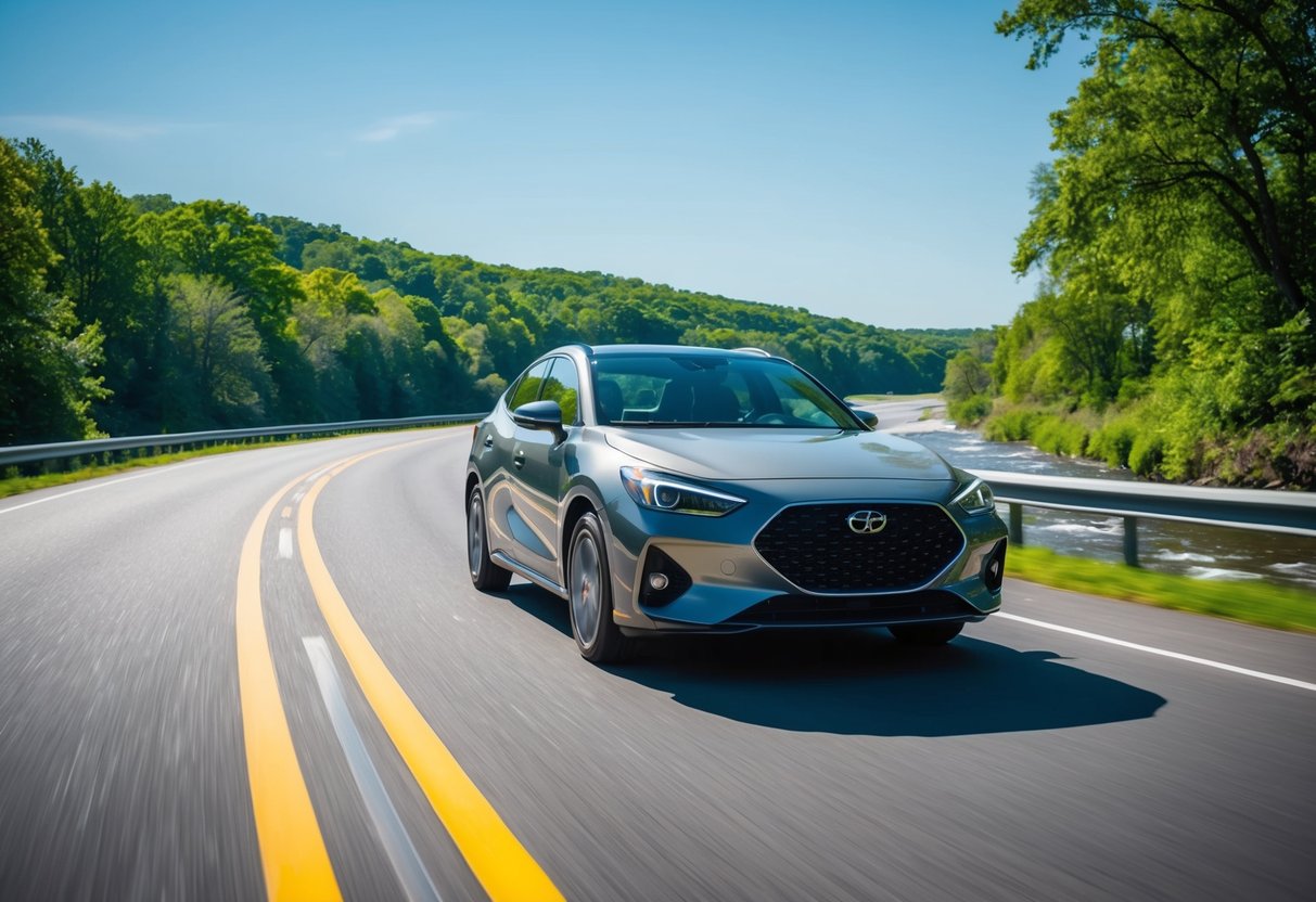 A car cruising on a straight road with clear blue skies, surrounded by lush green trees and a winding river, with a visible fuel gauge showing a full tank