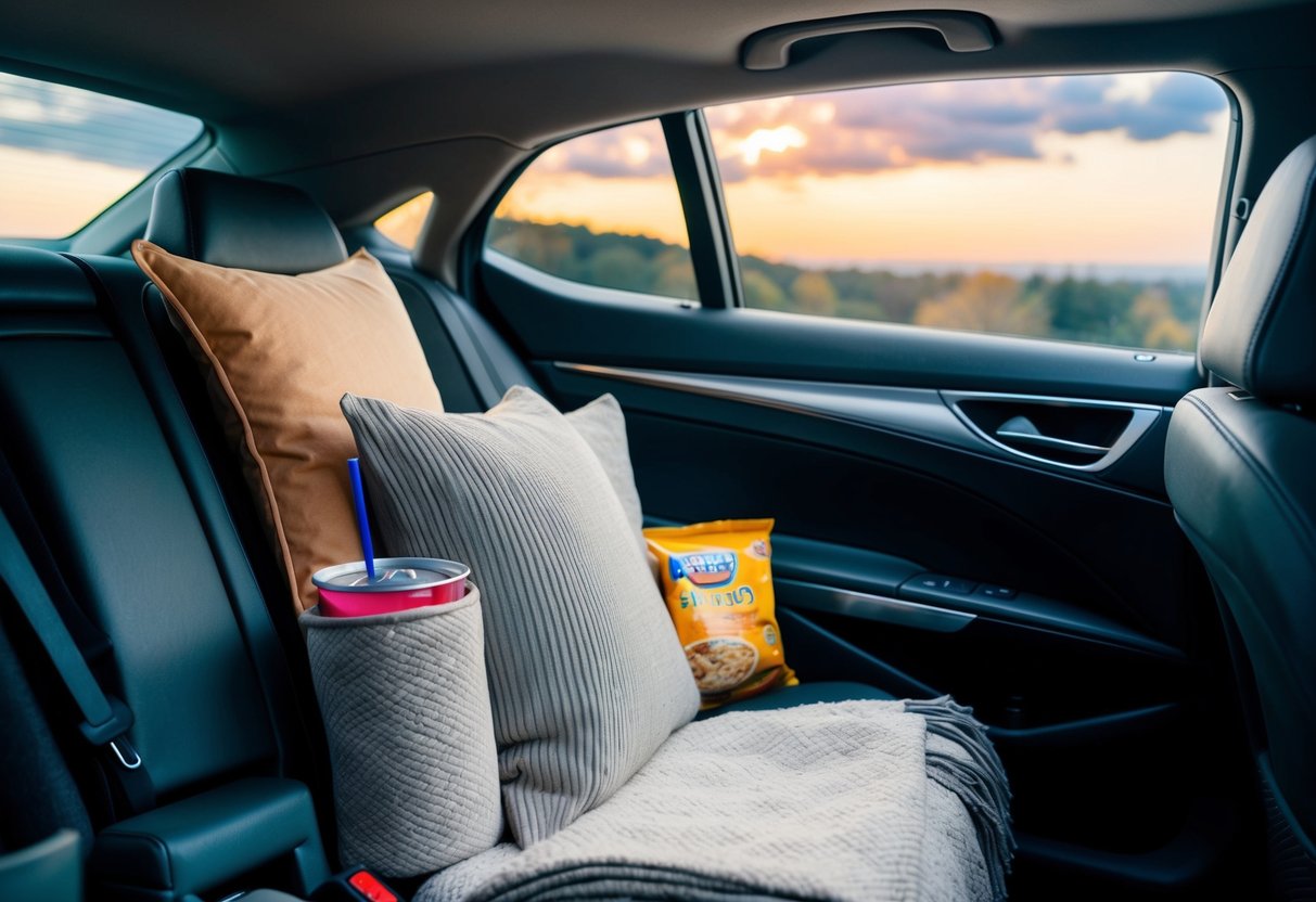 A cozy car interior with pillows, blankets, and a travel pillow. A cup holder with a drink and a snack, and a window with a scenic view