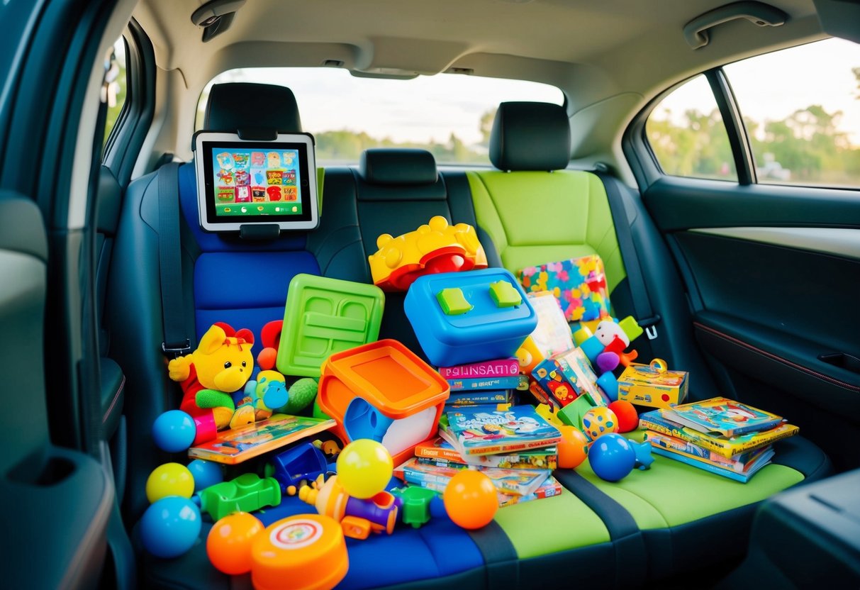 A colorful car filled with toys, books, and games scattered across the backseat. A tablet playing cartoons is mounted on the headrest