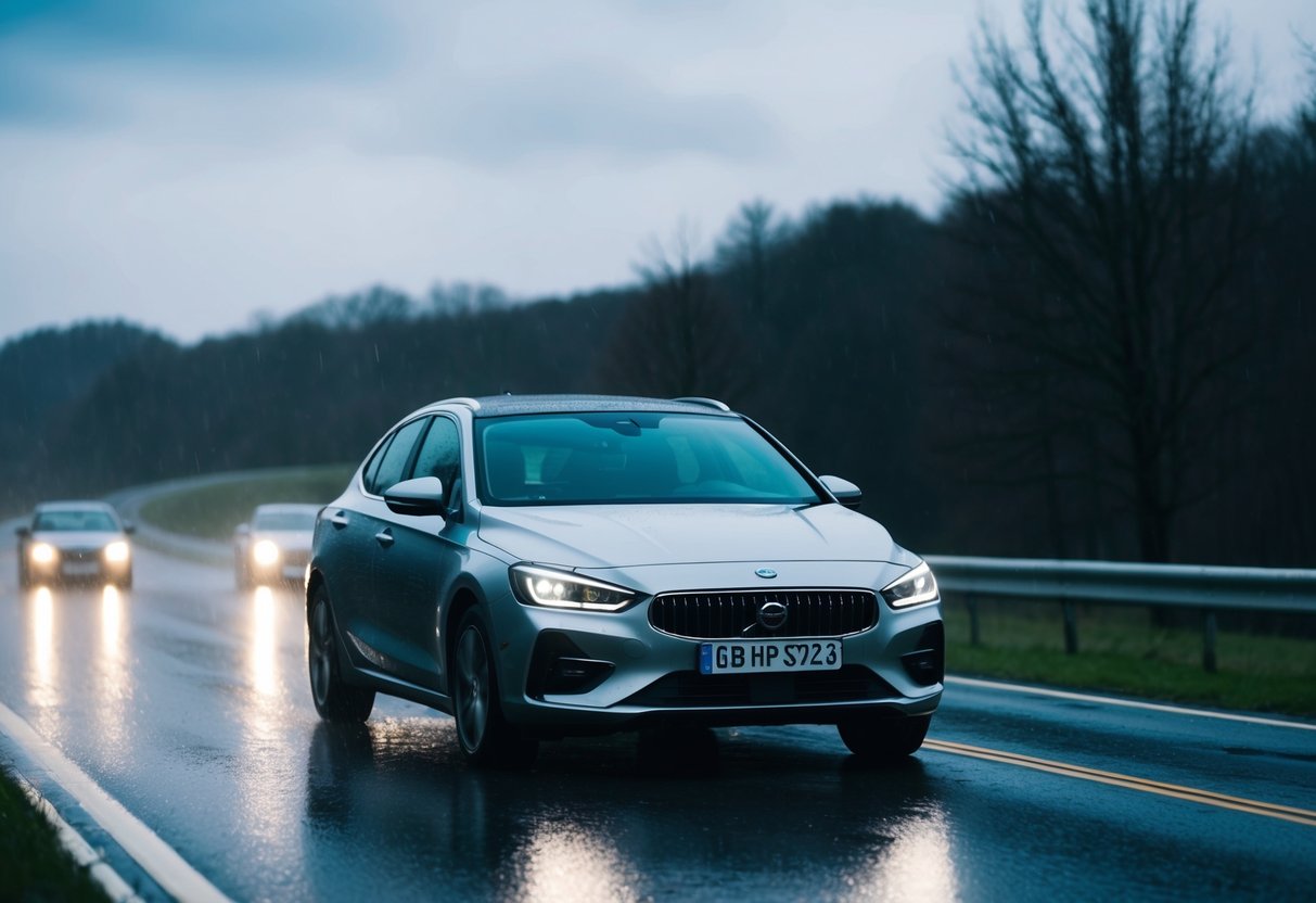 A car driving cautiously on a wet, slippery road with headlights on and windshield wipers swiping back and forth