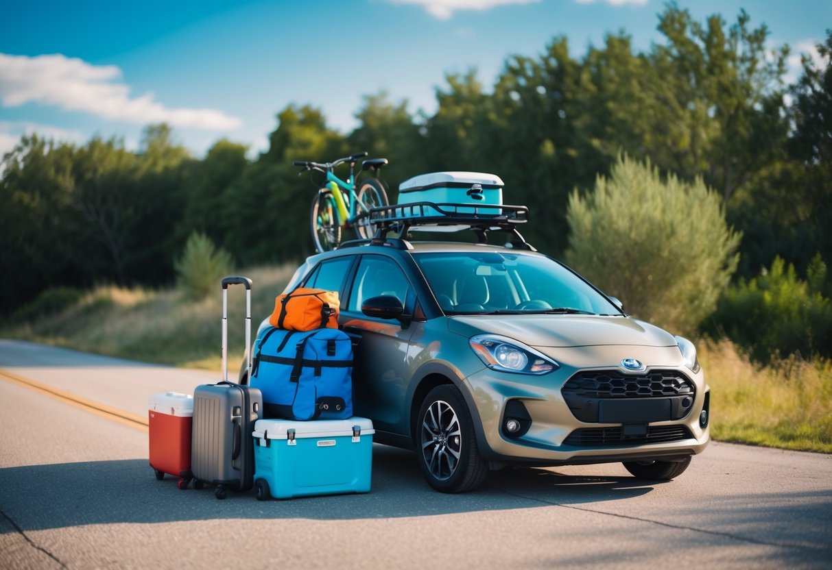 A compact car packed with suitcases, camping gear, and a cooler, with a rooftop carrier and bike rack, ready for a family road trip