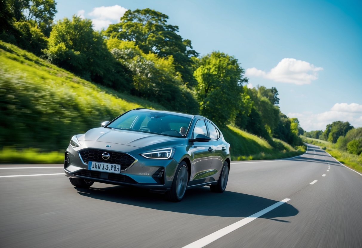 A car driving smoothly on a scenic open road, surrounded by lush greenery and clear blue skies. The vehicle shows no signs of trouble, with no visible mechanical issues