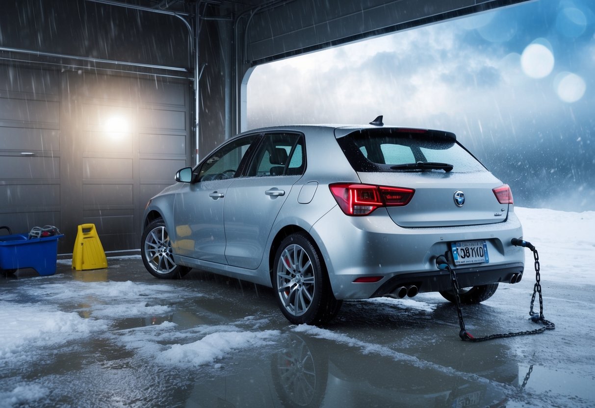 A car parked in a garage with snow chains and a shovel in the trunk, surrounded by various weather conditions such as sun, rain, snow, and fog