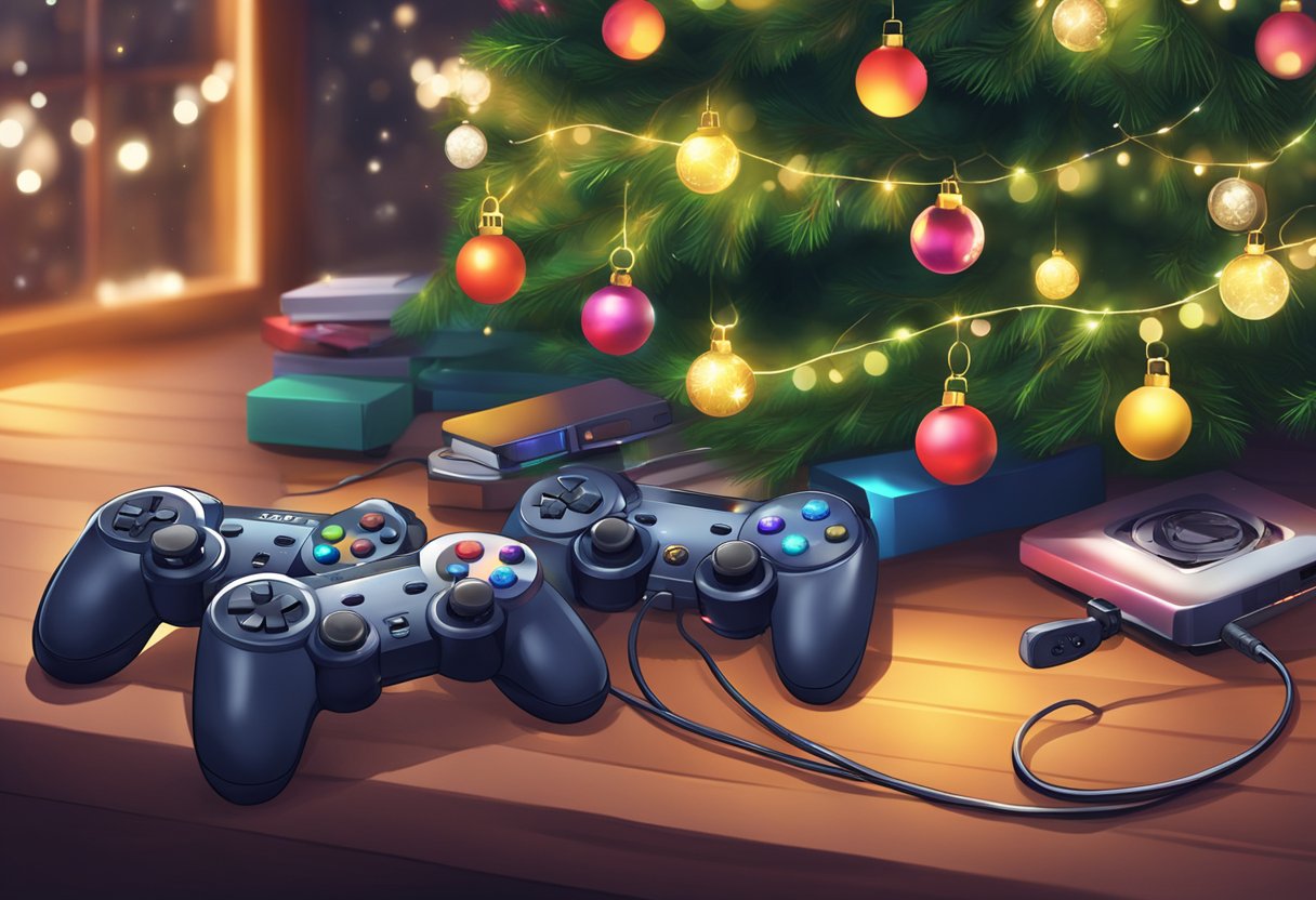 A festive gaming setup with controllers, headsets, and game discs under a twinkling Christmas tree