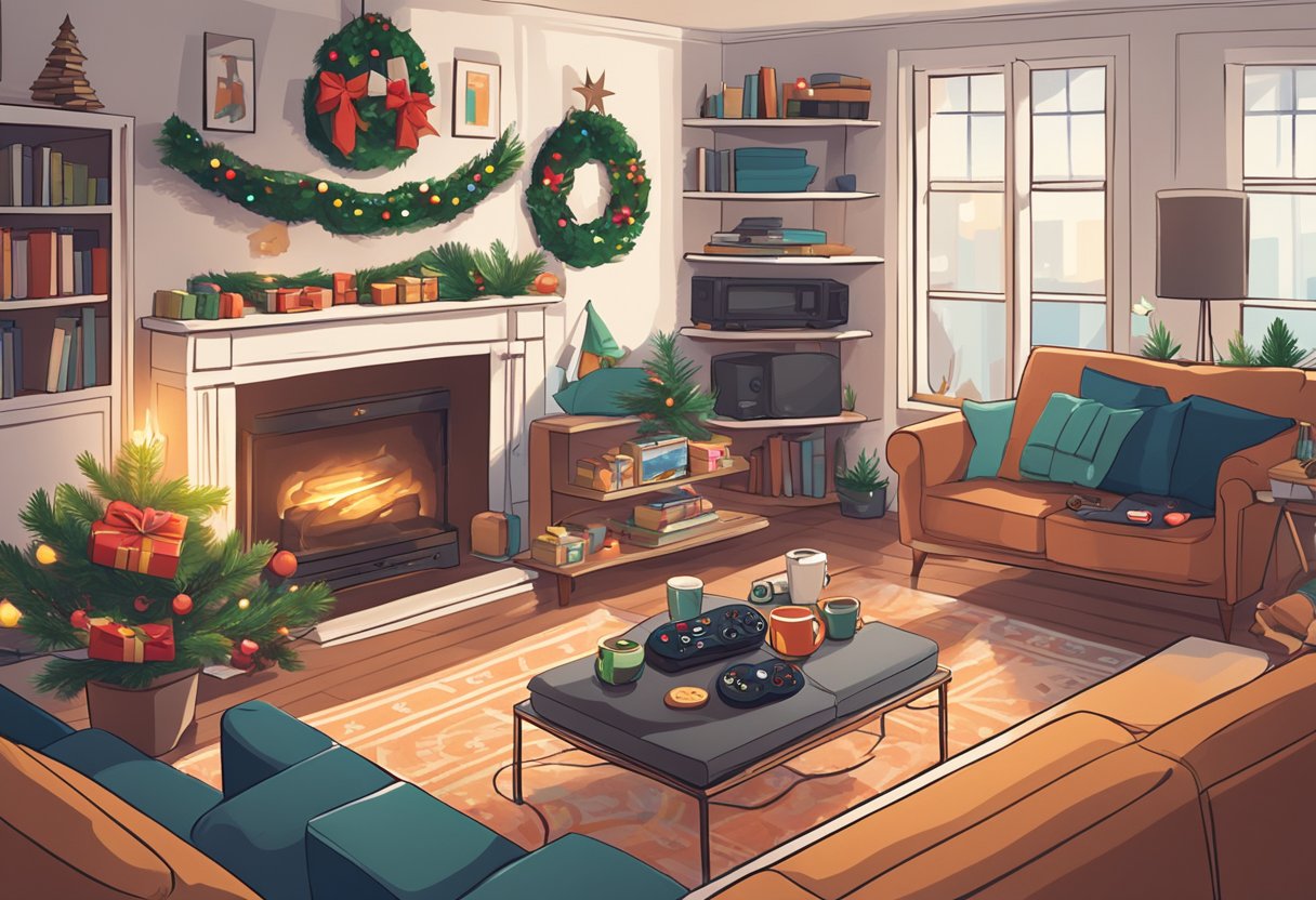 A cozy living room with a gaming console, controller, and stack of video games on a coffee table, surrounded by festive holiday decorations