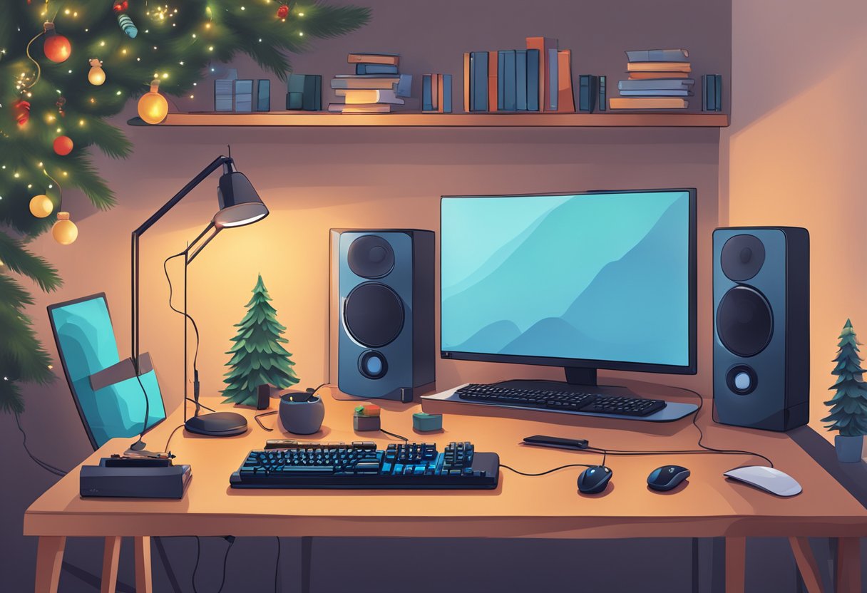 A cozy living room setup with a desk holding a budget-friendly gaming keyboard, mouse, and headset. A festive holiday backdrop adds to the seasonal theme