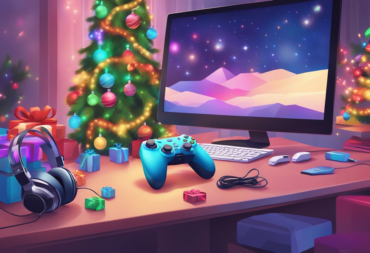 A festive holiday-themed gaming setup with colorful controllers, headphones, and LED lights