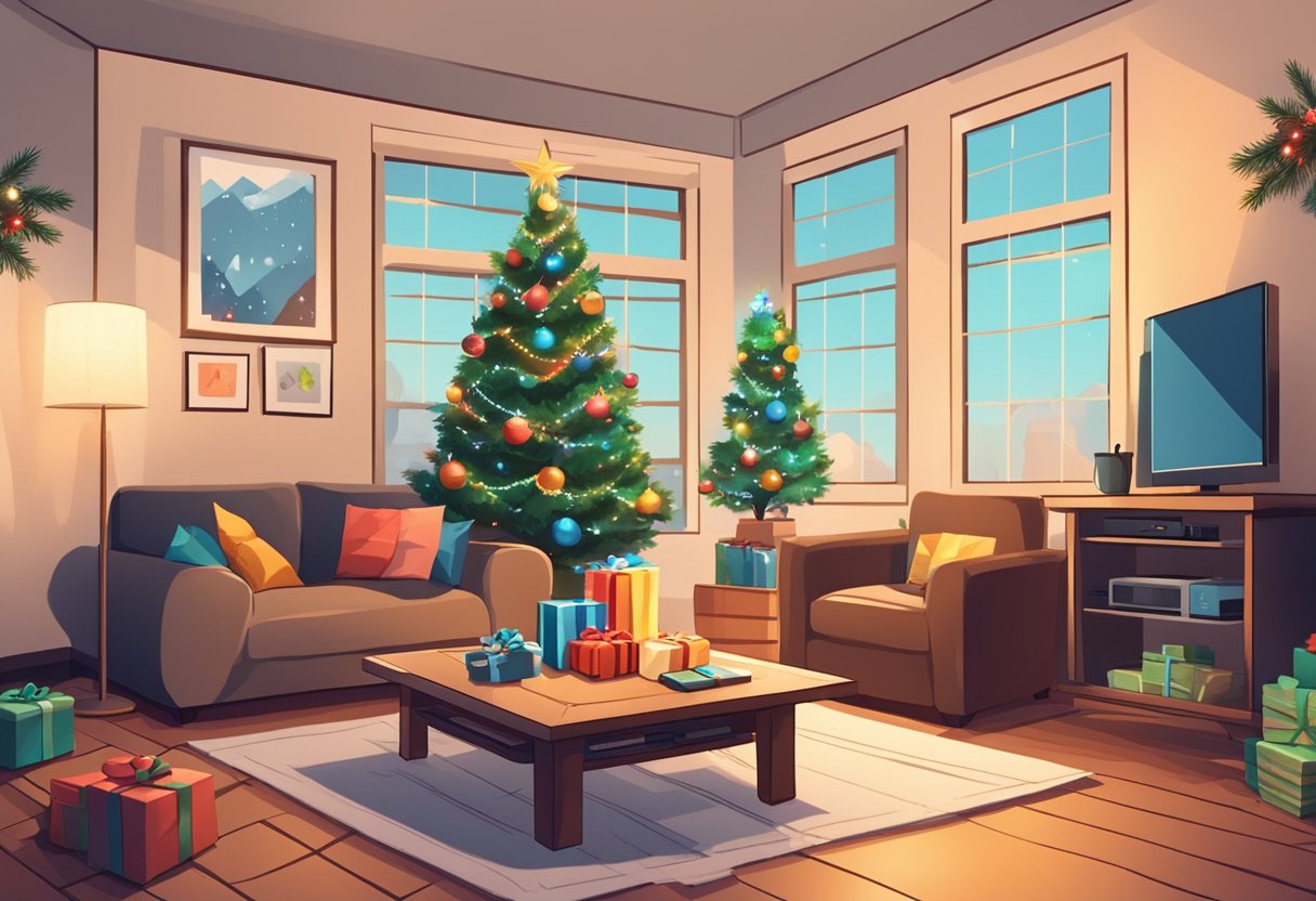 A cozy living room with a decorated Christmas tree, a gaming console, and a stack of wrapped digital gift cards on the coffee table