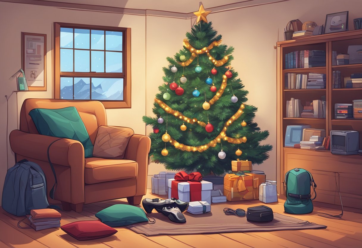 A cozy living room with a decorated Christmas tree and a pile of gaming apparel and merchandise neatly wrapped and placed underneath