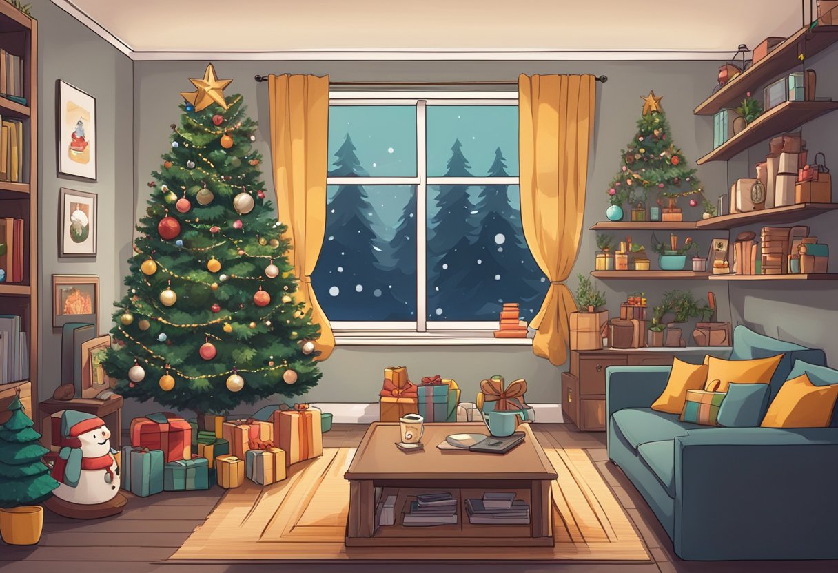 A cozy living room with a decorated Christmas tree, shelves filled with DIY gaming-themed gifts, and a table displaying customizable items like mugs and phone cases