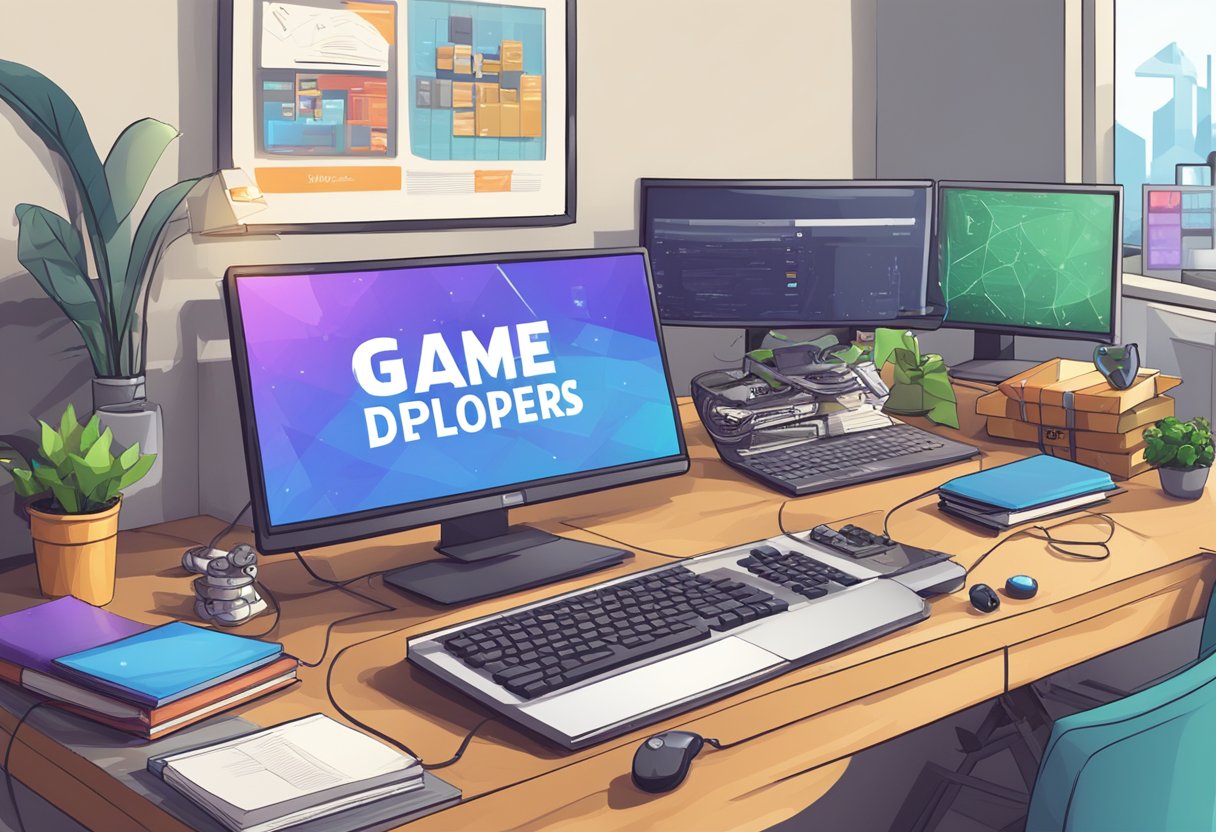 A desk with a computer, game controllers, coding books, and a gift-wrapped package. A "Game Developers Starter Kit" sign hangs above