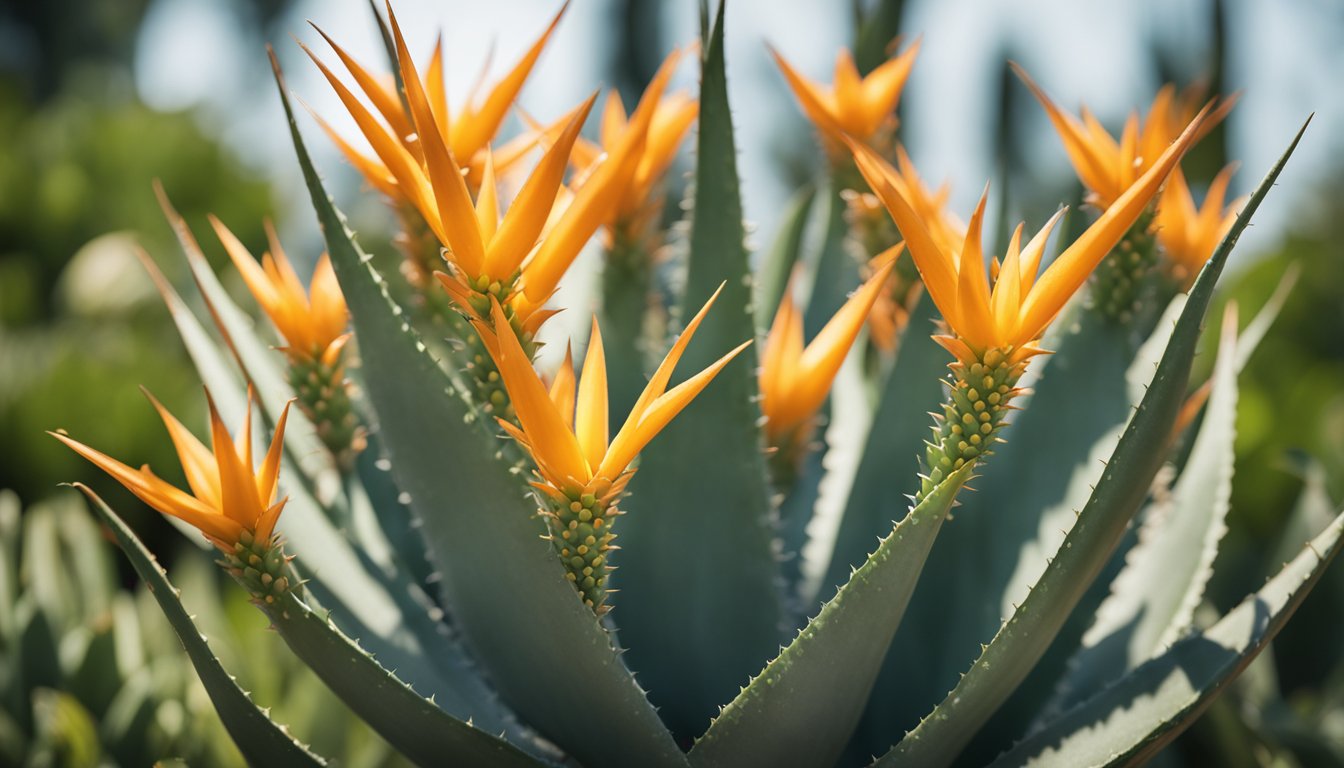 The aloe vera plant's tall flower spike rises above fleshy leaves, adorned with cascading orange-yellow flowers. Morning light illuminates the delicate blooms, contrasting with the succulent's gray-green leaves