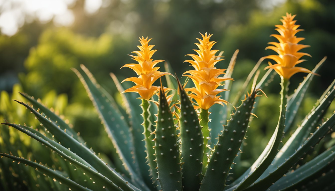 The aloe vera plant blooms with cascading orange-yellow flowers, its tall spike rising above fleshy green leaves. Morning light catches the delicate petals, creating a natural chandelier