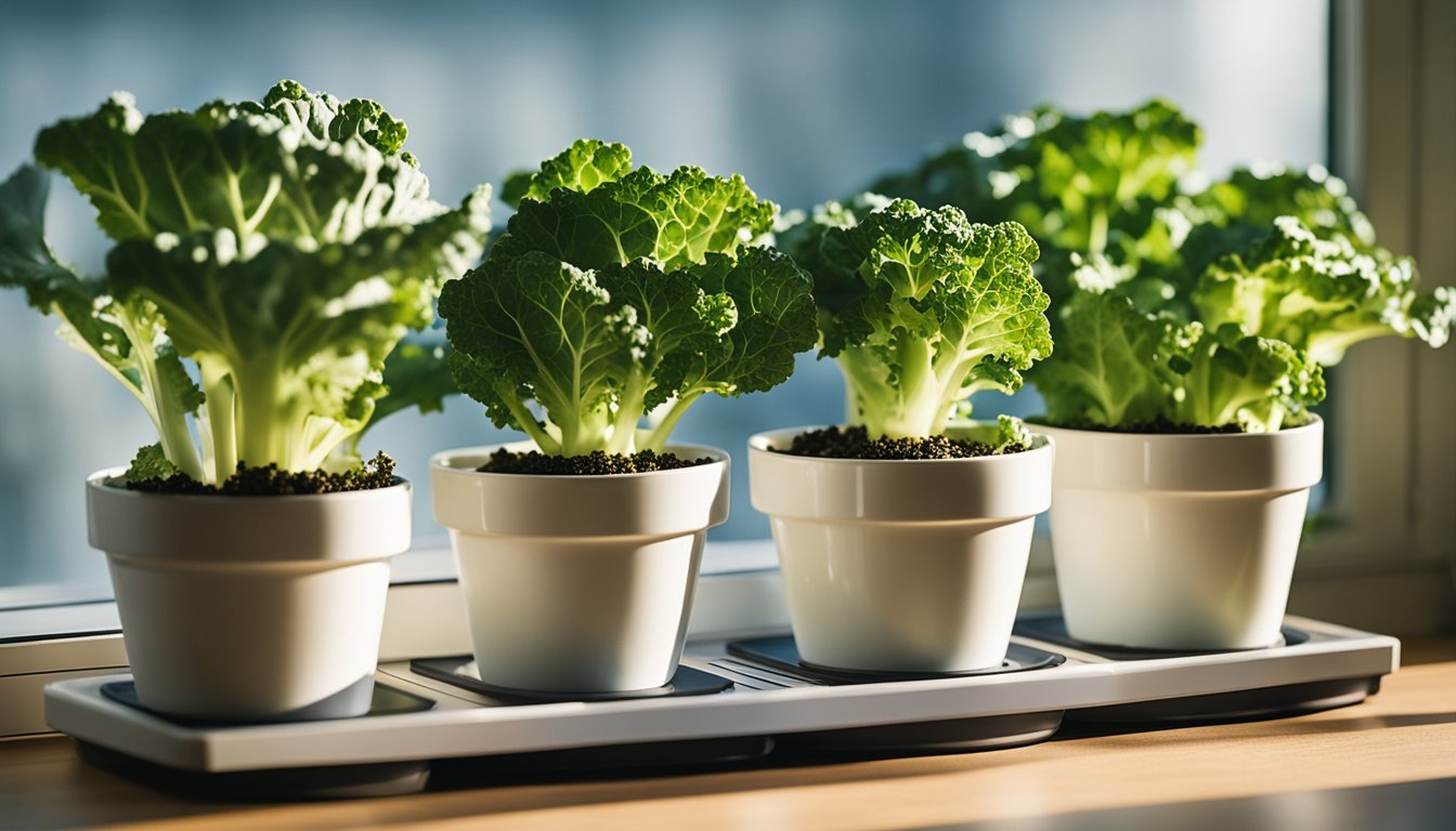 Three white pots display kale at various growth stages on a sunlit windowsill, with a moisture meter nearby