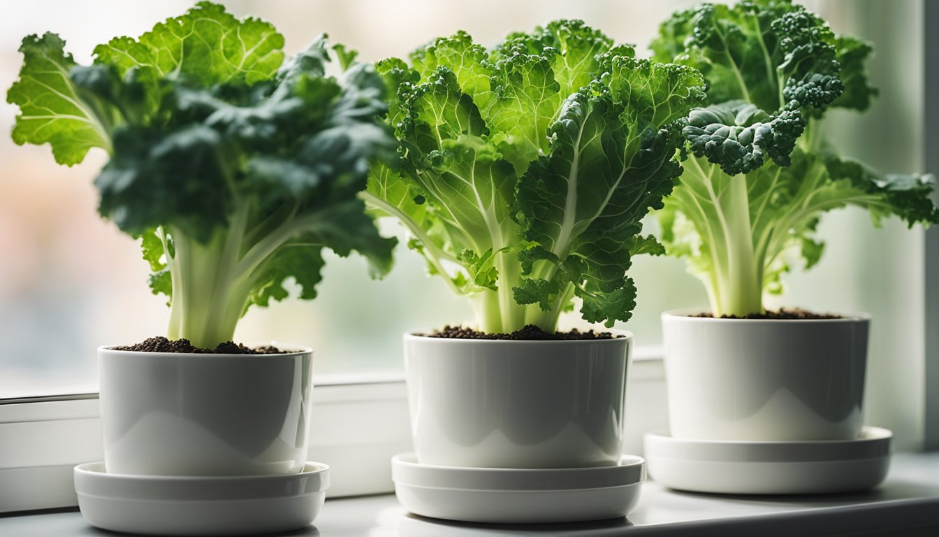 Three white pots with kale at different growth stages, on a bright windowsill. Natural light filters through sheer curtains, with a moisture meter nearby indicating optimal soil conditions