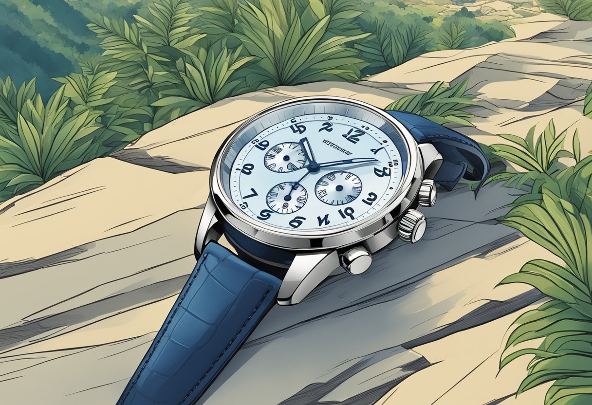 A sleek, modern watch sits on a rugged mountain trail, surrounded by lush greenery and a clear blue sky