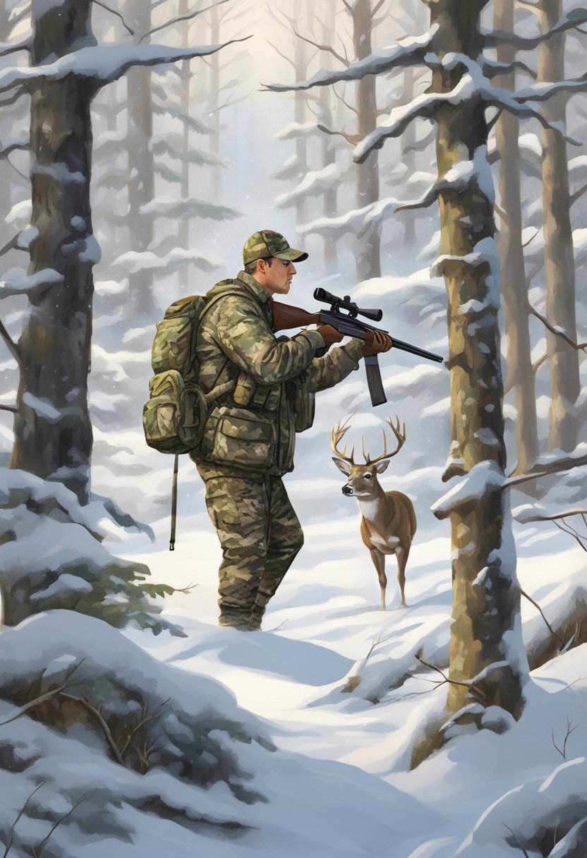 A hunter in camouflage aims a rifle at a white-tailed deer in a snowy Michigan forest