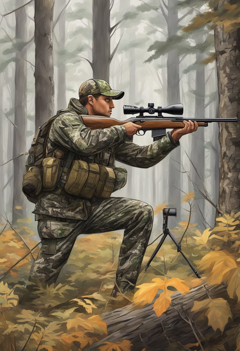 A hunter in camouflage gear aims a rifle at a large buck in a dense forest during Michigan deer hunting season.