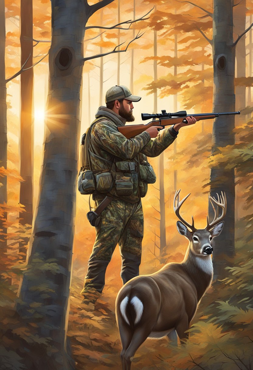 In Michigan's dense forest, aiming a rifle at a majestic buck. The sun sets behind the trees, casting a warm glow for fun Michigan deer hunting.