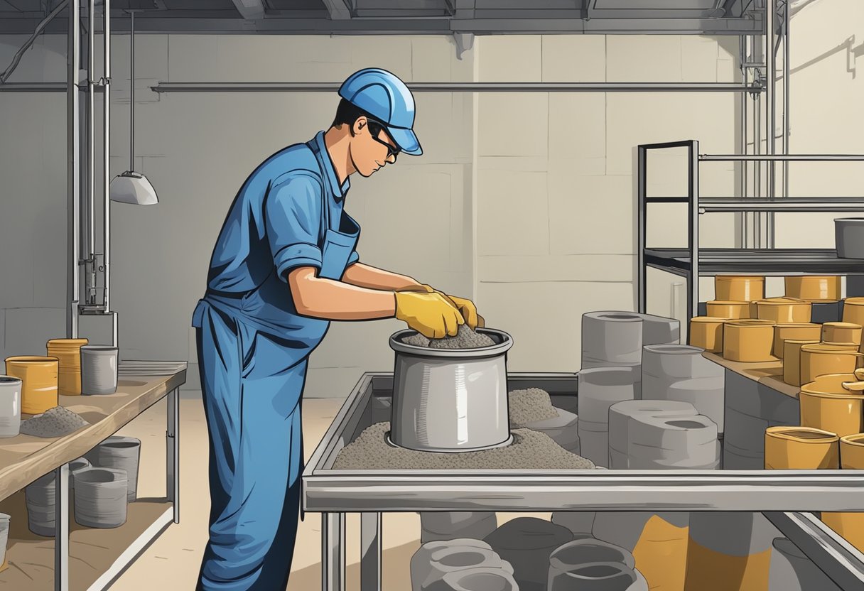 A person mixing and pouring refractory cement into molds, then placing them in a drying area