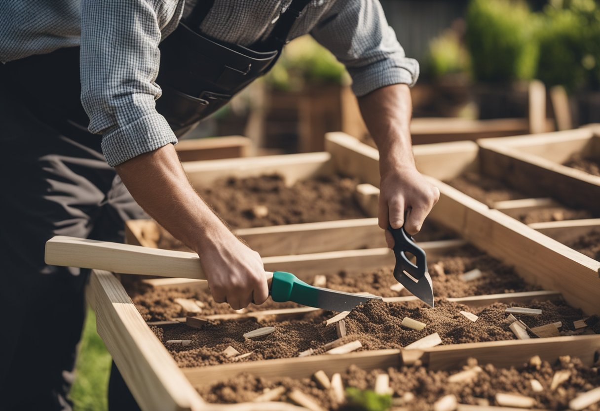 A carpenter selecting and cutting different types of wood for raised garden beds