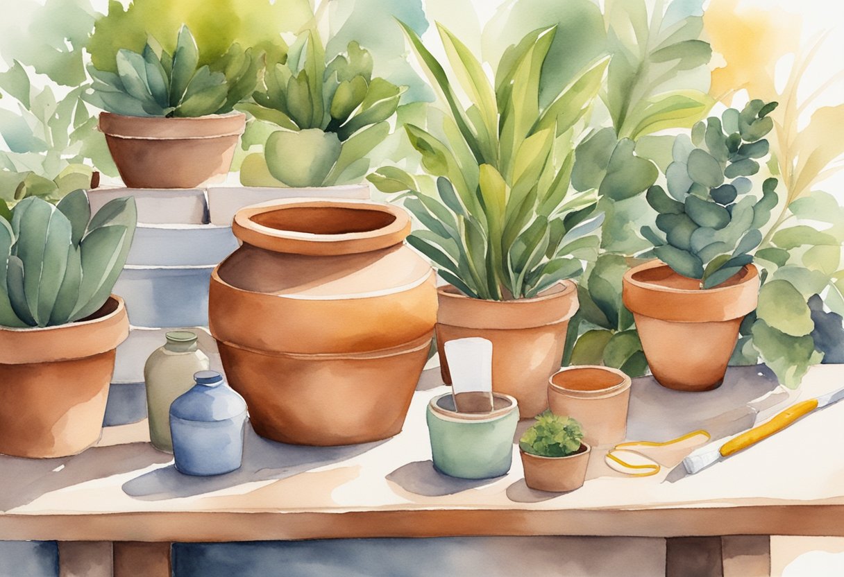 A terracotta pot being sealed with non-toxic sealant, surrounded by various pots and plants in a sunny garden setting