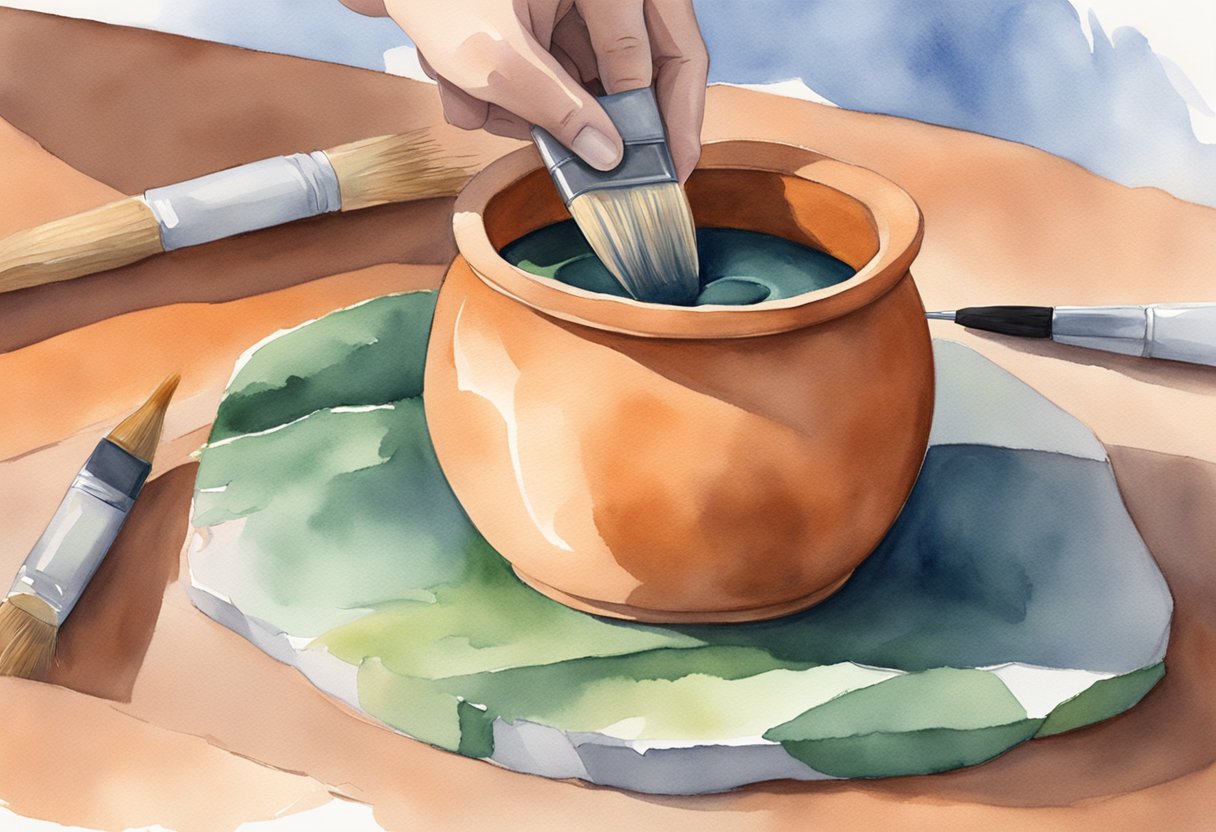 A terracotta pot being sealed with a non-toxic sealant, with the brush applying the sealant in smooth, even strokes across the surface of the pot