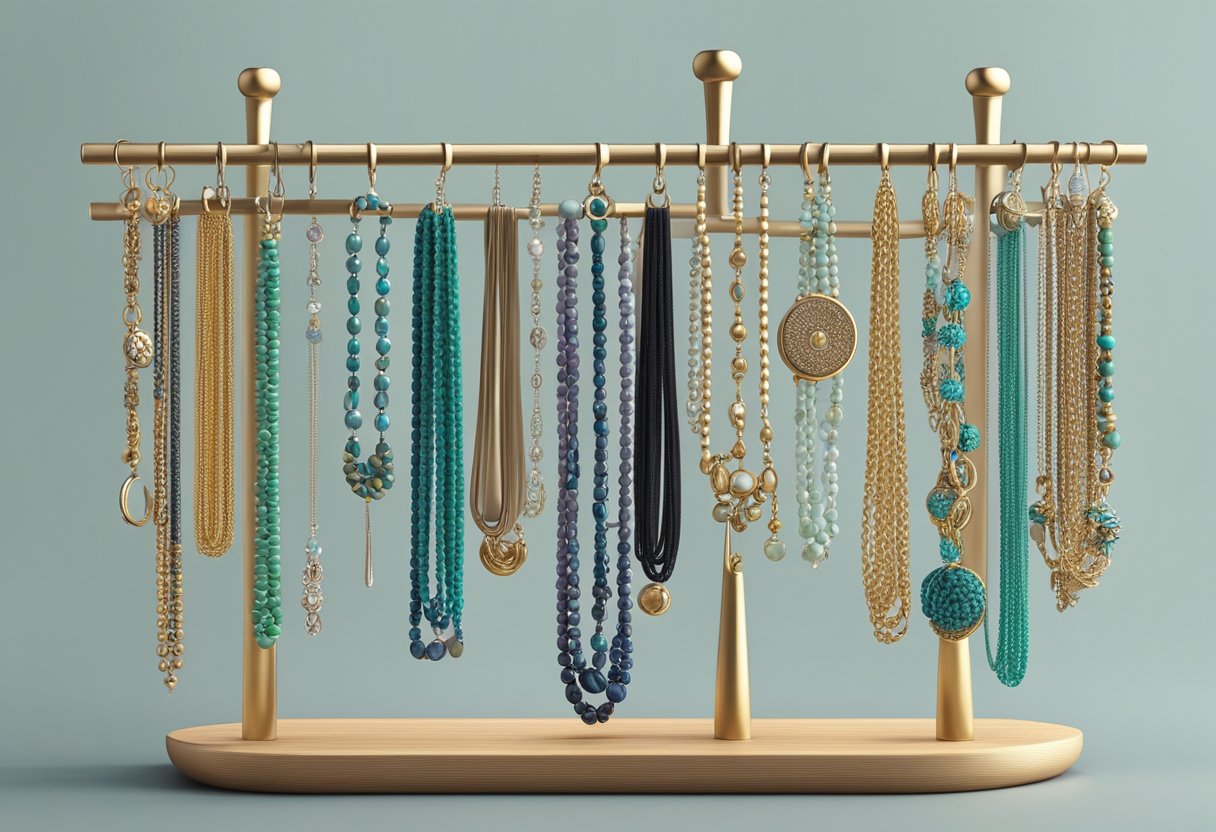 Necklaces hanging on a jewelry stand, each with its own hook, organized and untangled