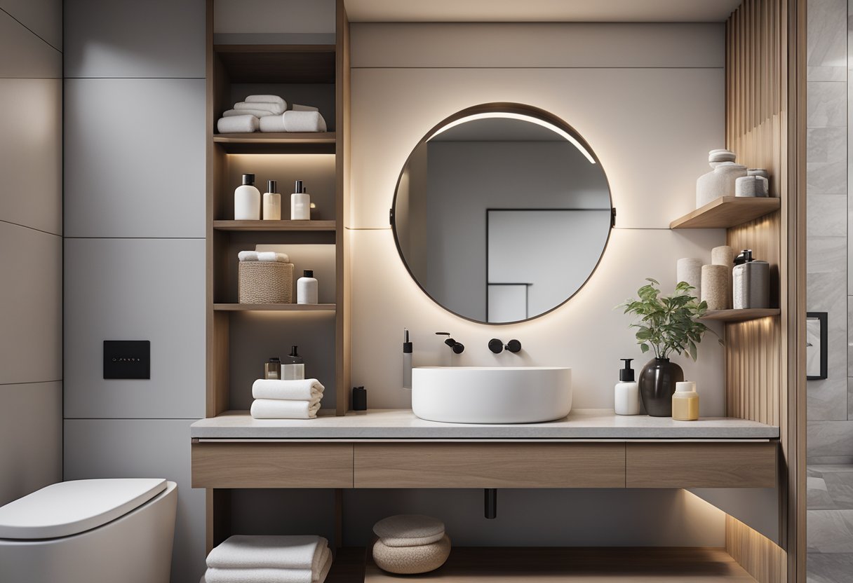 A modern bathroom with sleek floating shelves above the toilet, holding neatly organized toiletries and towels